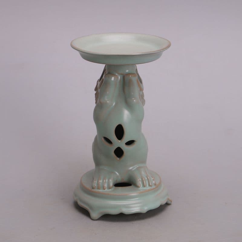 宋汝窯青釉鉄胎獅子油灯  装飾品 現代工芸品 美術品 置物