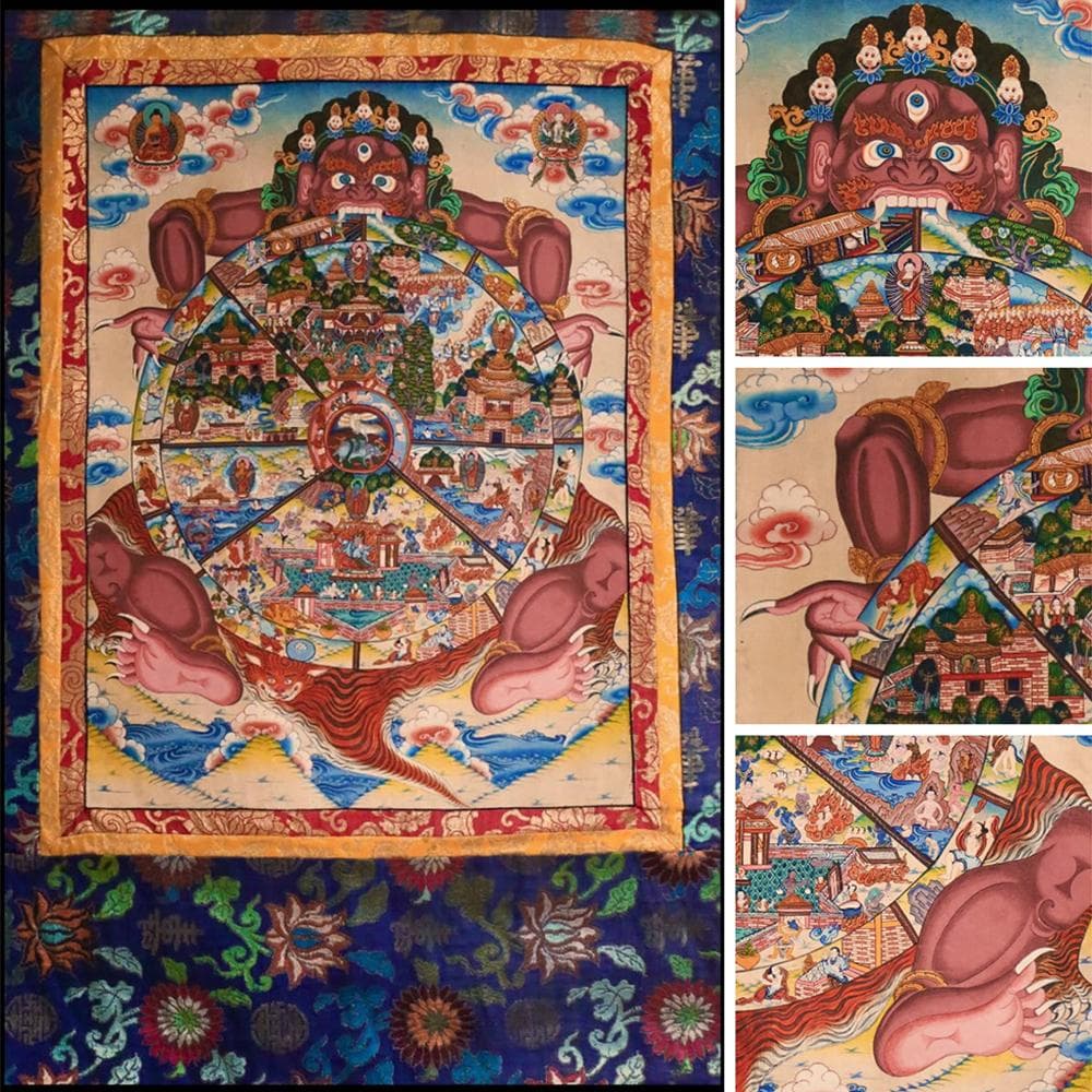 【仏】　★ 仏教 彩絵六道輪廻図掛軸 ★　清朝期　曼荼羅 刺繍表装　布本仏画