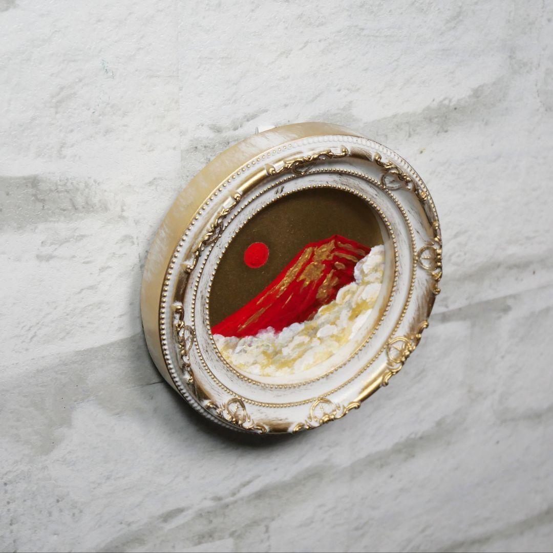 油絵 油彩 油彩画 絵 絵画 円形ミニ絵画 【赤富士】【金】