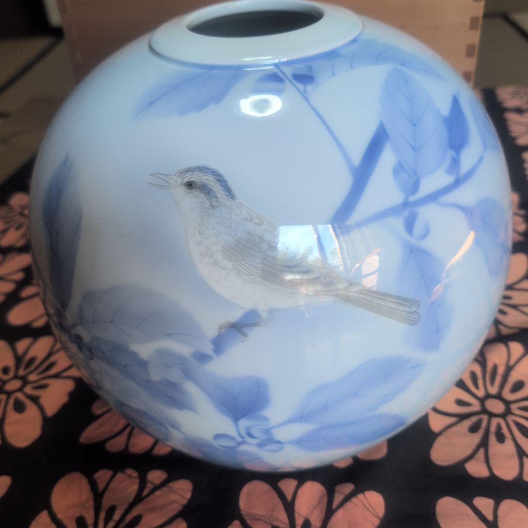 宮内庁御用達 深川製磁 有田焼 花瓶 官窯染付 鳥 白磁 藍絵 特大 花入共箱