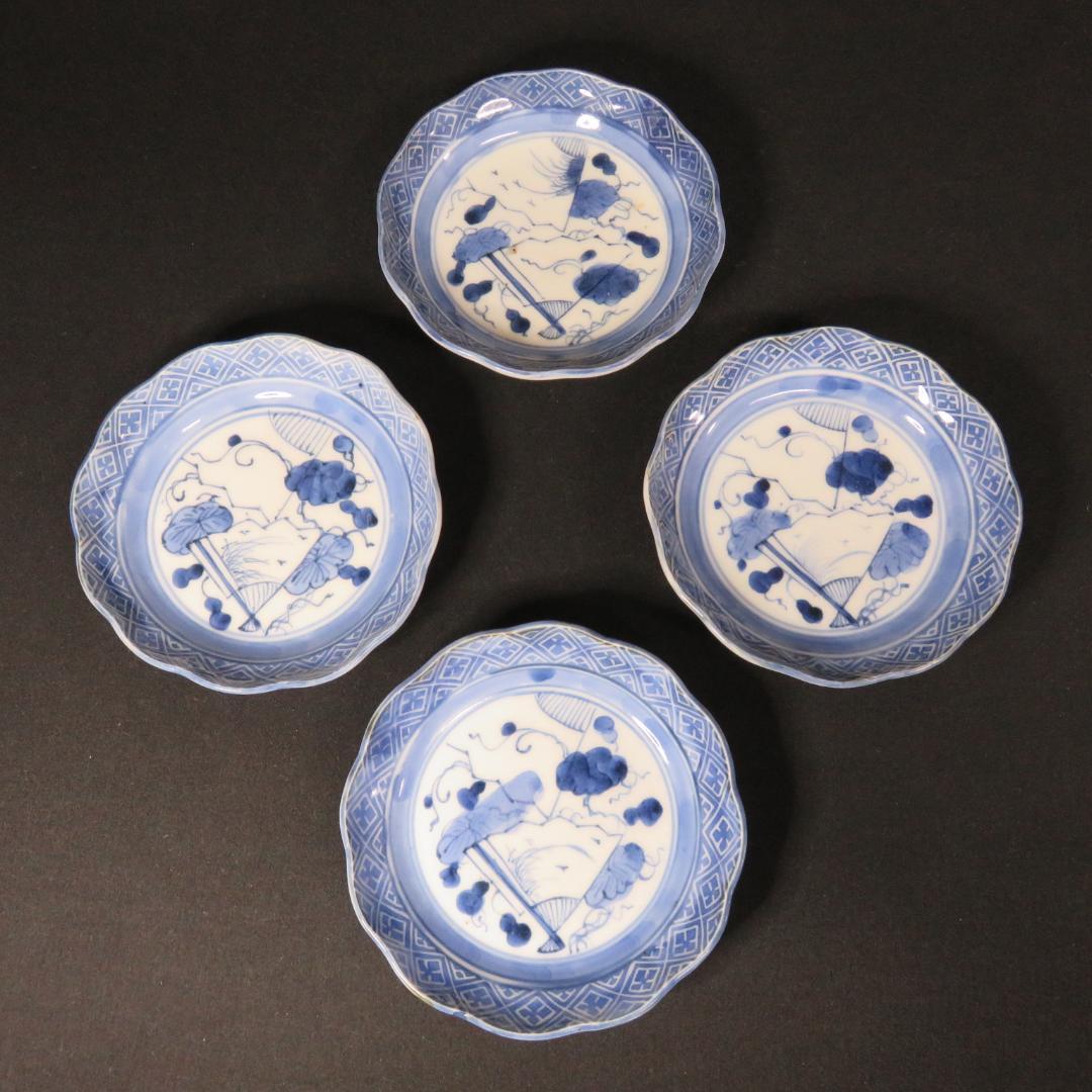 染付皿 4枚 扇子 小皿 江戸後期 訳アリ 窯傷 歪み 欠け