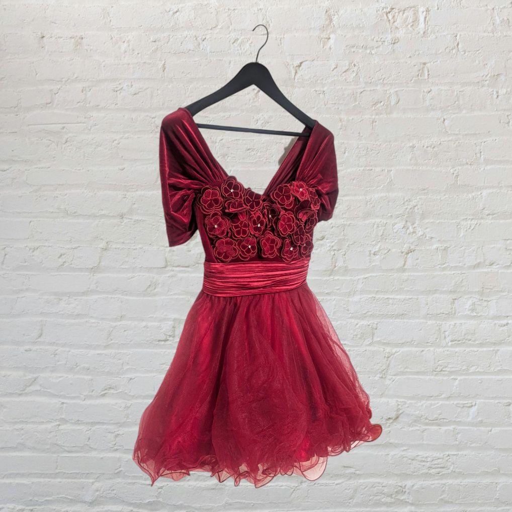 M レッド ミニドレス オフショル フレア Aライン ベロア シフォン ウエスト
