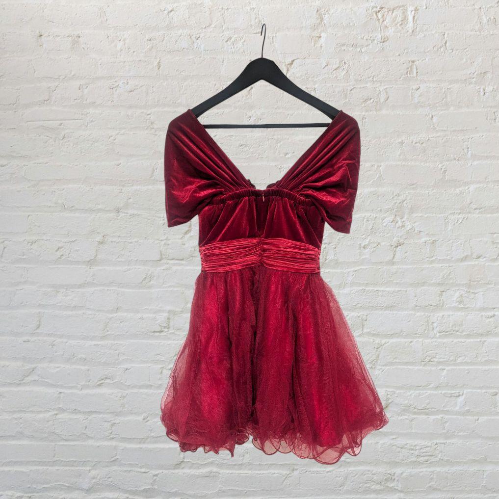M レッド ミニドレス オフショル フレア Aライン ベロア シフォン ウエスト
