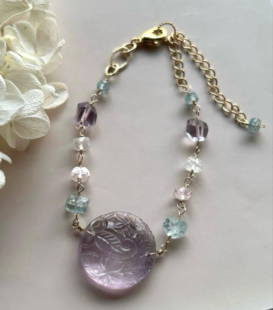 専用❣️ピンクアメジストプルメリアカービング＆アクアマリンとモルガナイトのブレス他