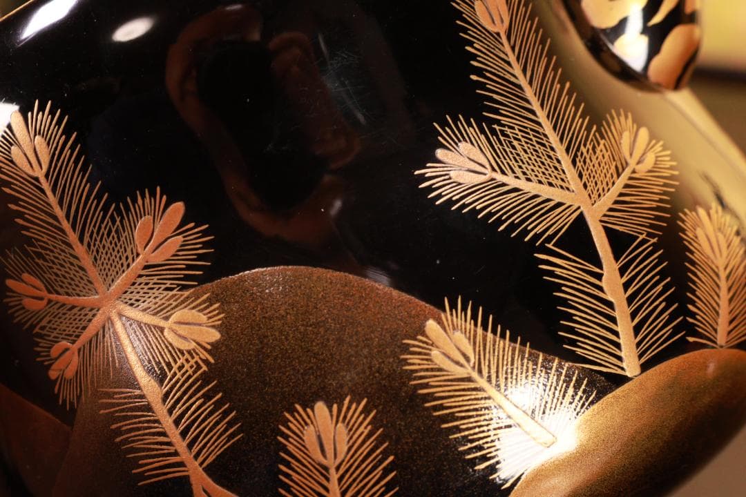 BJ009 高級漆器　時代輪島塗　若松鶴蒔絵　銚子 一対　銀摘　酒道具　懐石道具