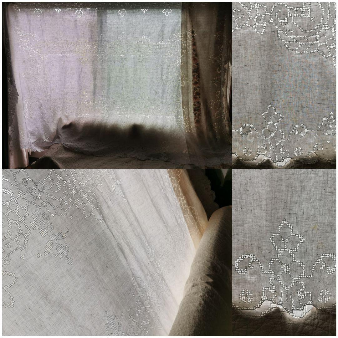 アンティークイタリア モザイクカットワークレース 超大判リネンクロス カーテン