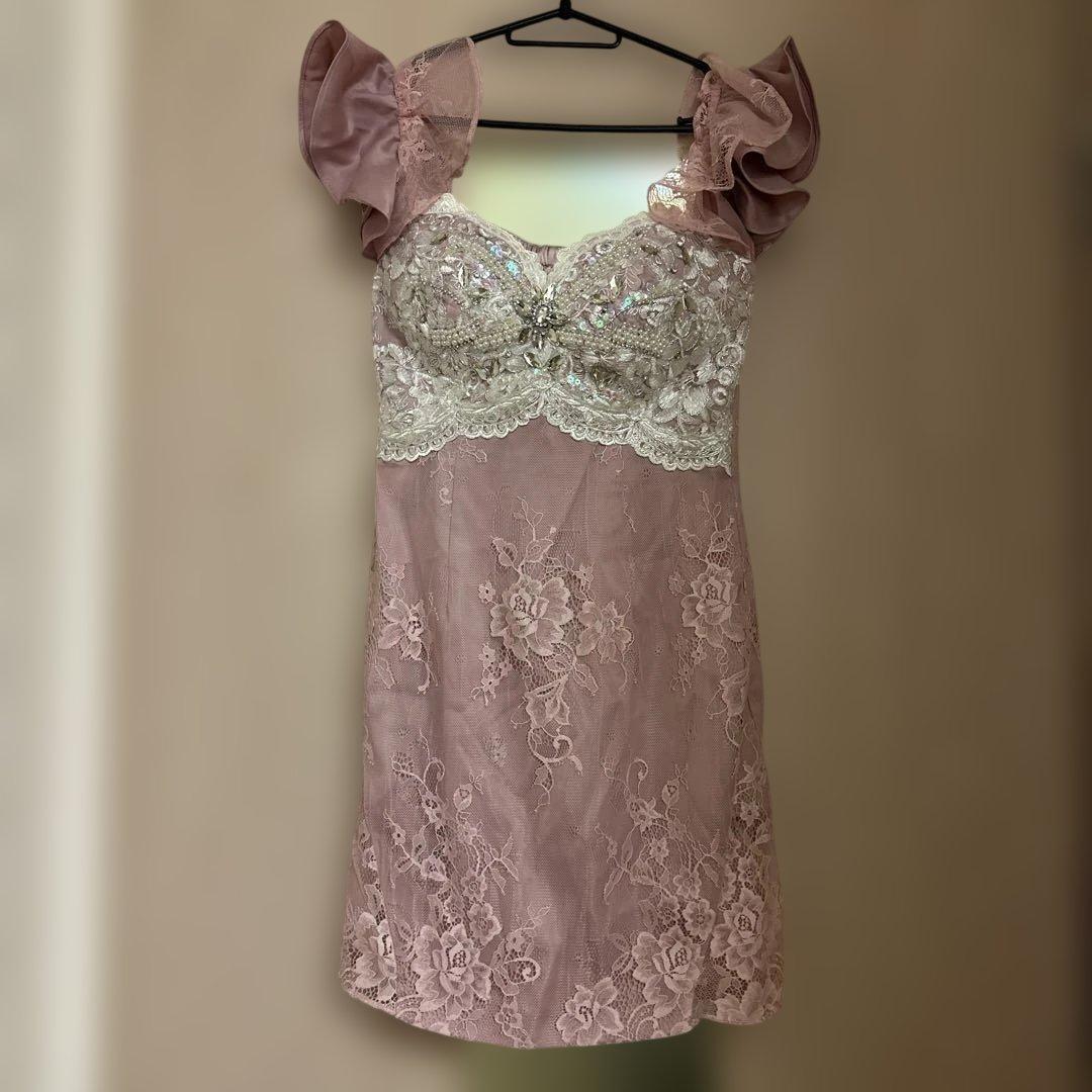 ROBE de FLEURS ピンク レースドレス フリル袖 Sサイズ