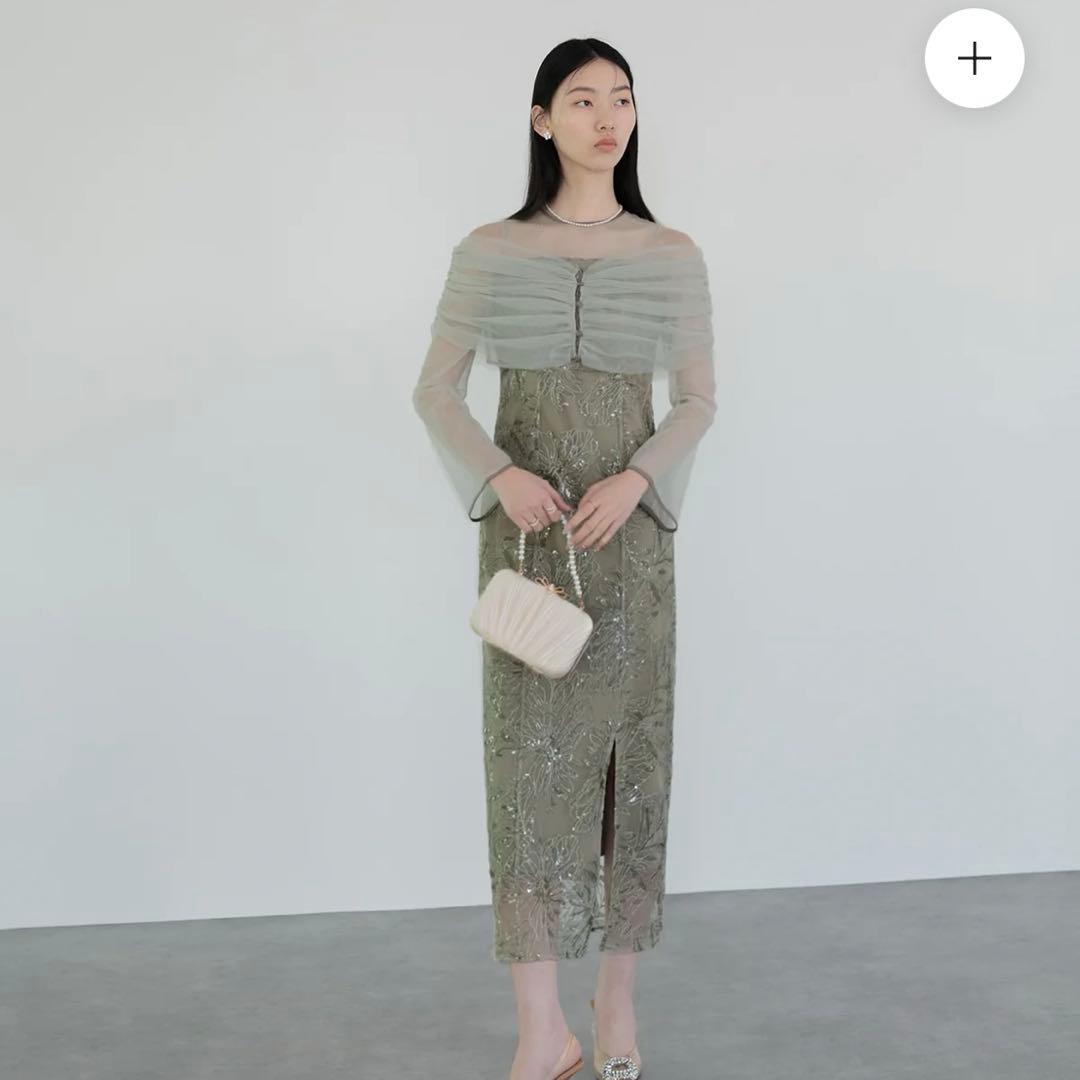 lejaチュールオフショルダー花柄Iラインワンピースドレス