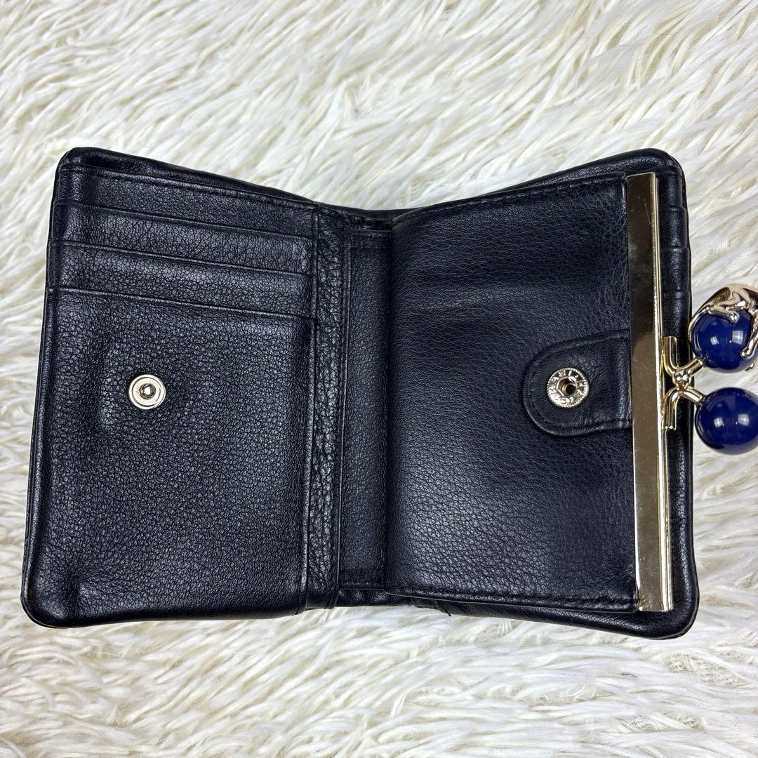 美品、アナスイ、ANNA SUI、ネコ、蝶々、スター柄、二つ折り財布、がま口、黒