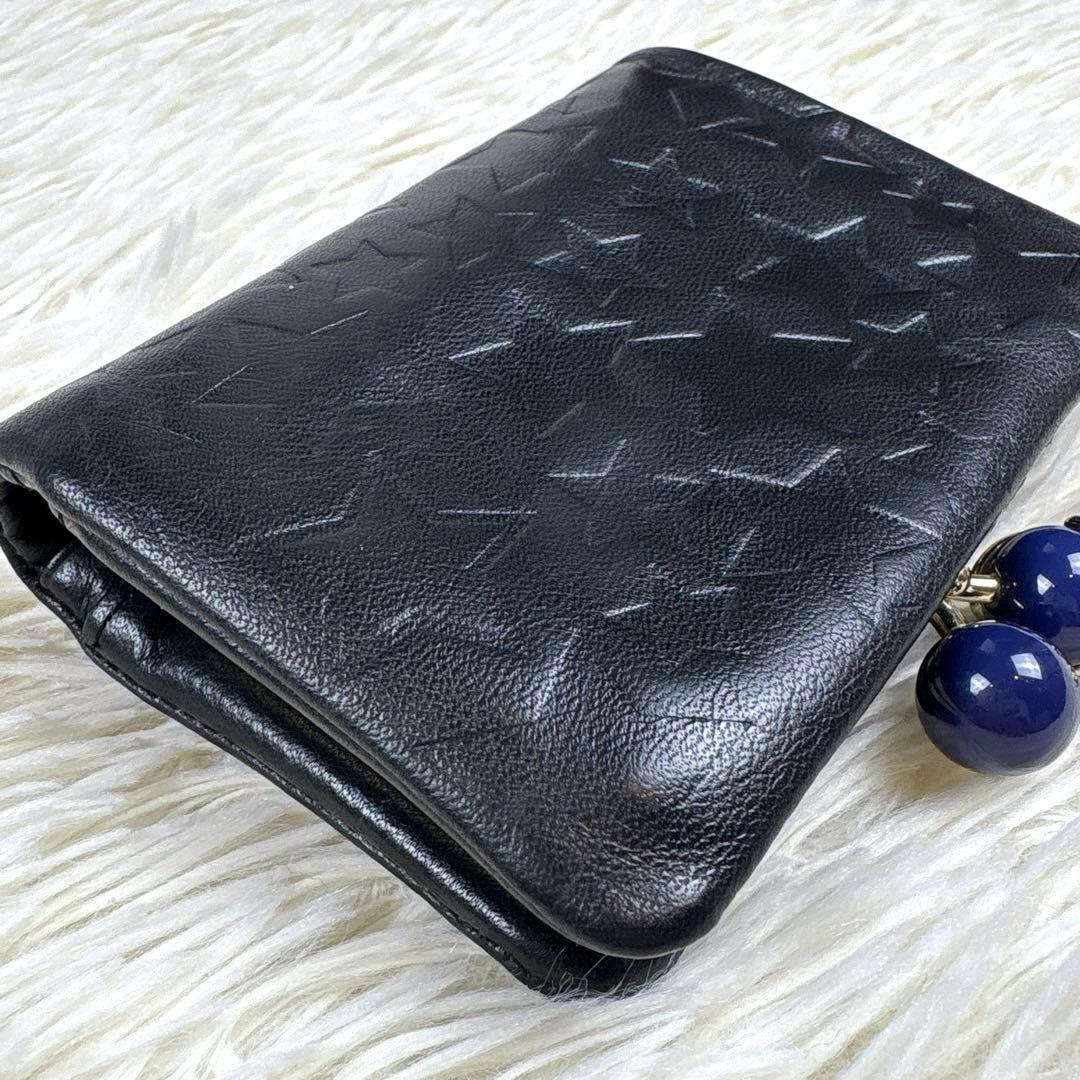 美品、アナスイ、ANNA SUI、ネコ、蝶々、スター柄、二つ折り財布、がま口、黒