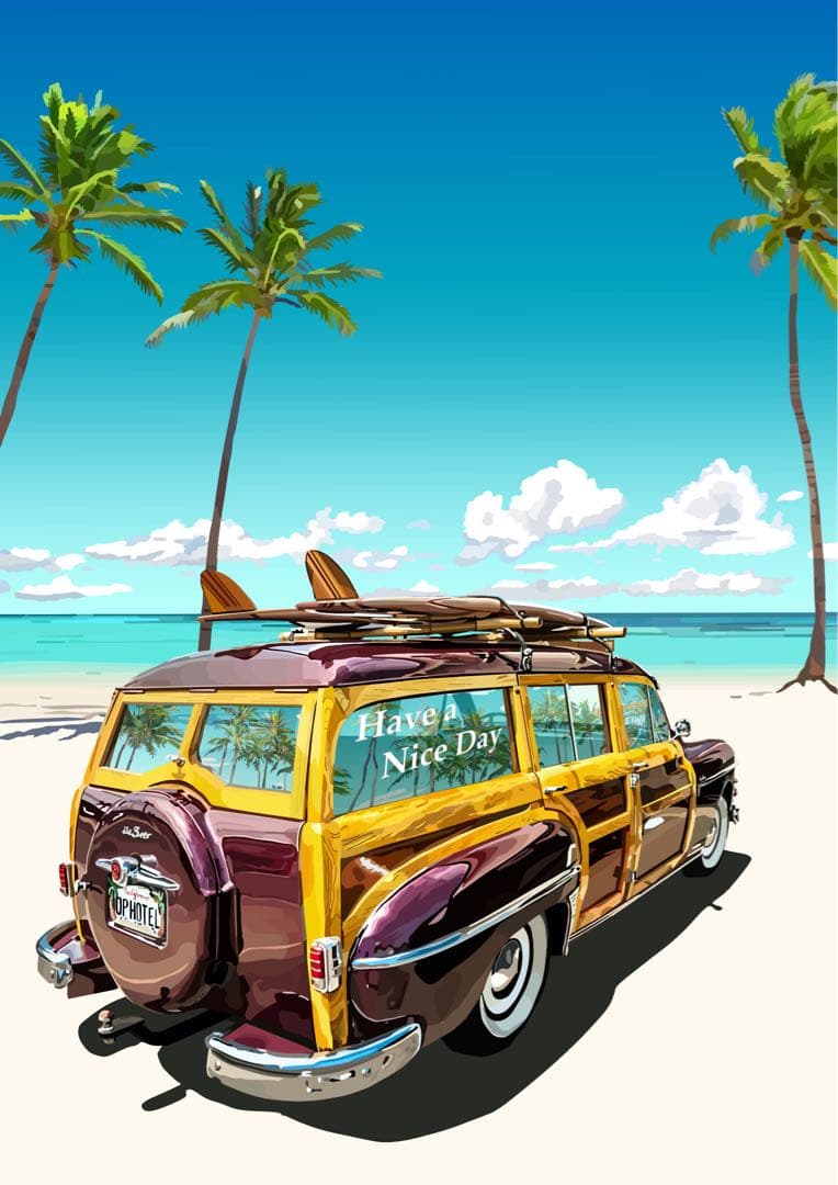 ハワイの浜辺サーフィンカー　1/10 10点限定 絵画　イラスト画　自作絵画