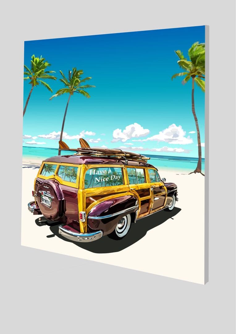 ハワイの浜辺サーフィンカー　1/10 10点限定 絵画　イラスト画　自作絵画