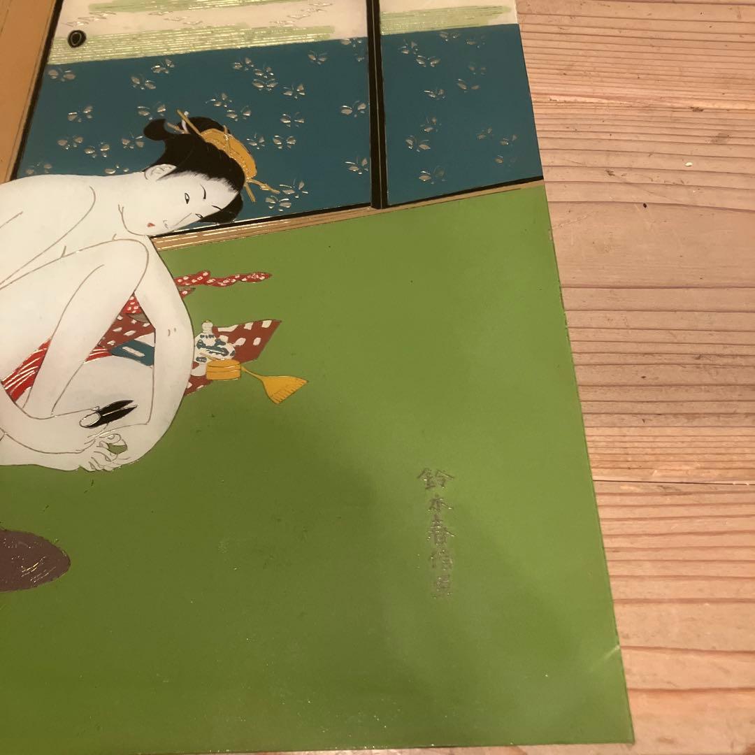 ガラス絵の浮世絵　「鈴木春信　爪切り」　美人画　時代物　骨董　インテリア