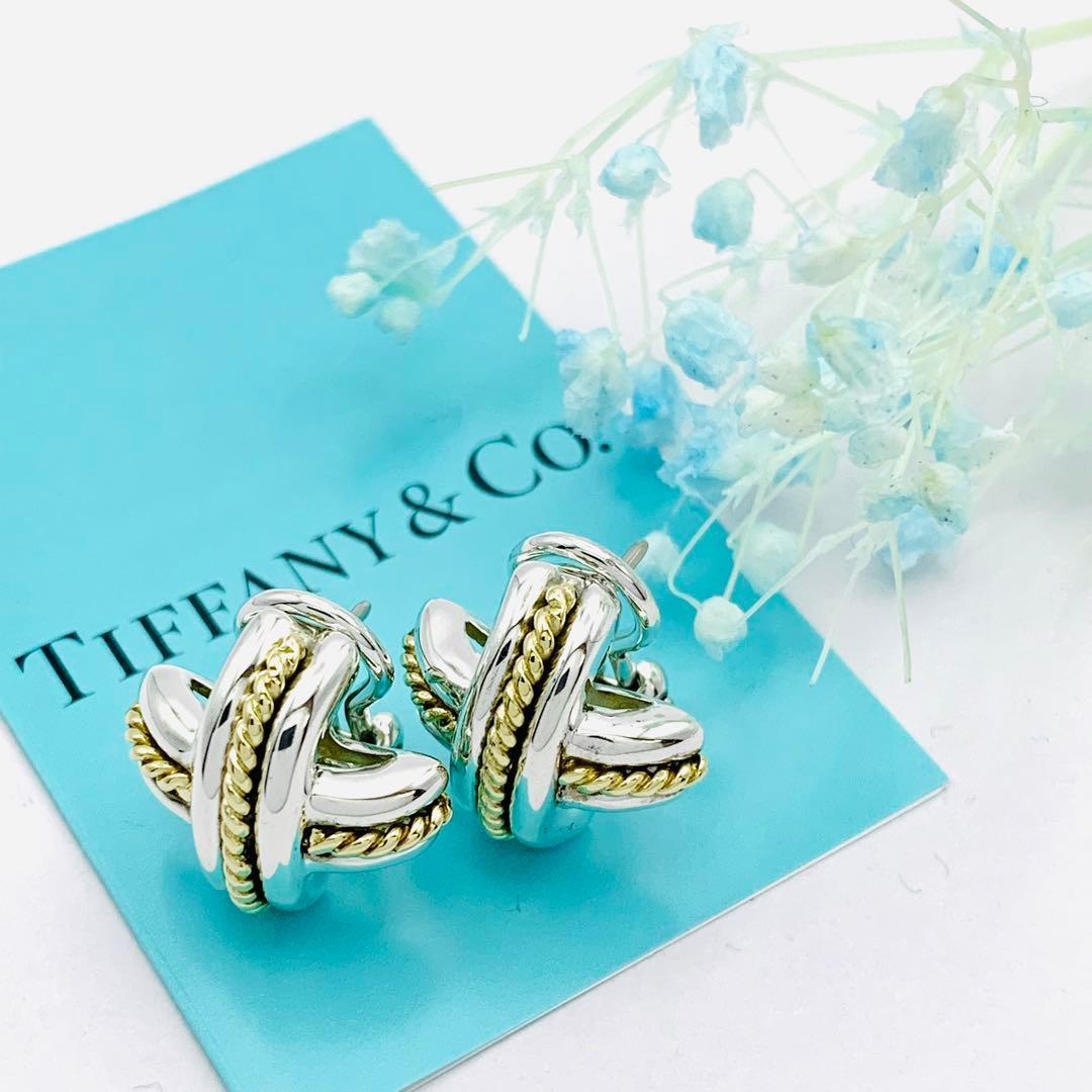 極美品 オールドティファニー シグネチャー コンビ ピアス シルバー k18