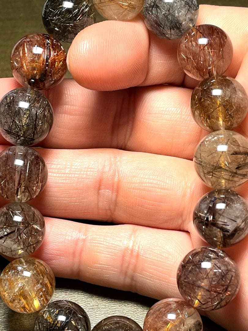 【新入荷】　ミックスタイチンルチルクォーツブレス12.9〜13.9㎜大玉（新品）