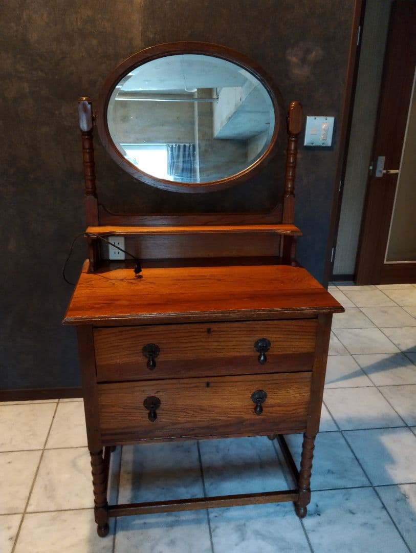 【発送11月末〜アンティーク 木製ドレッサー ミラー/コンセント付き/引出し2段