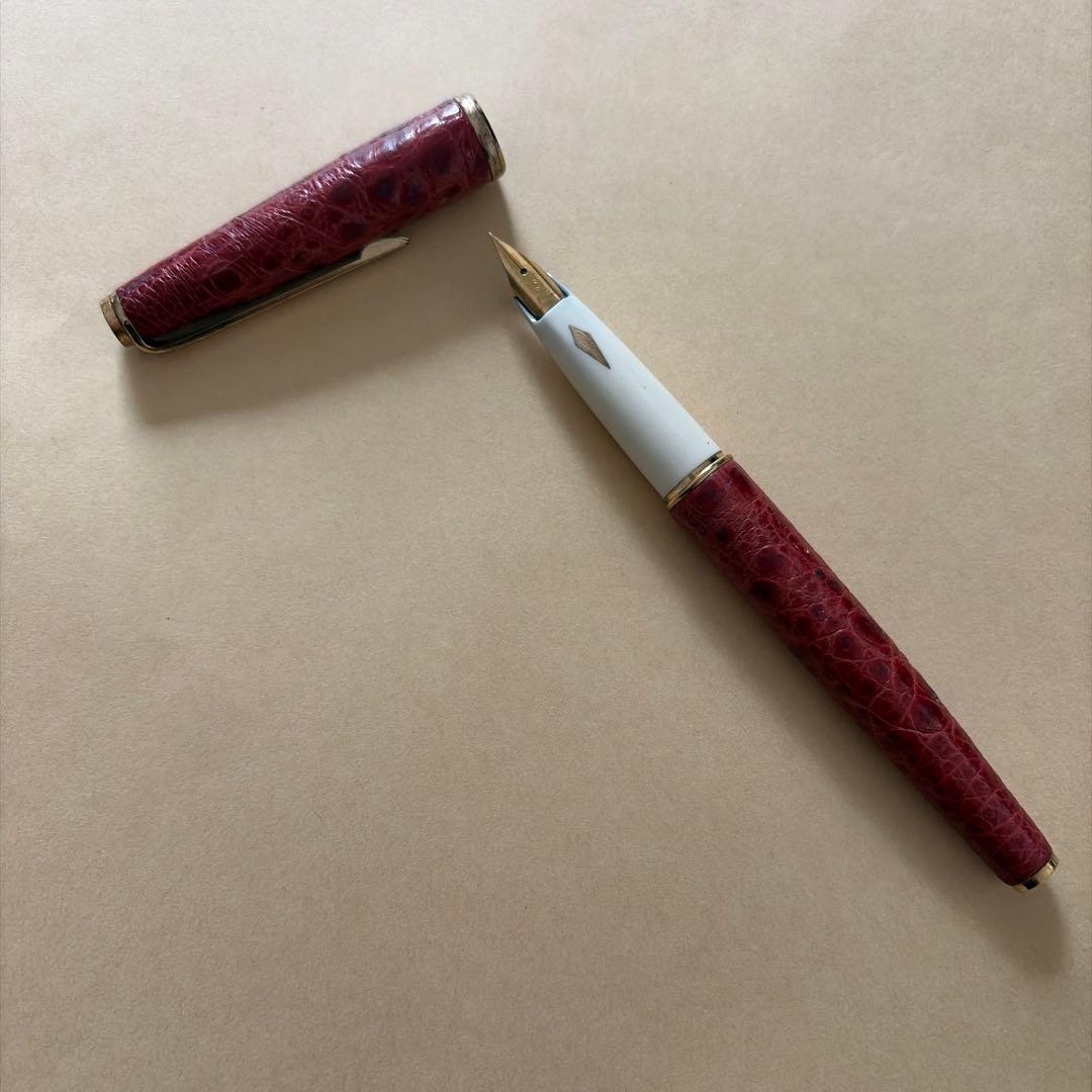 プラチナ万年筆 18K 本革張 象嵌 ブラウン レザー