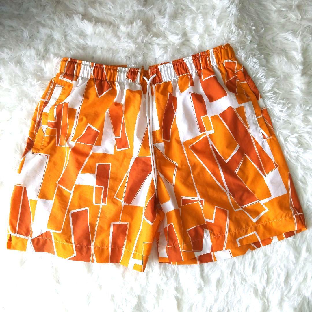 【エルメス】HERMES 幾何学模様 メンズスイムパンツ水着 Mサイズオレンジ