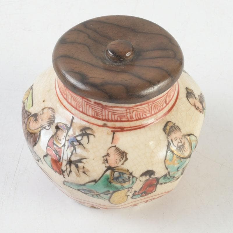 茶道具　九谷焼　古九谷　人物文　茶入　黒柿蓋　仕覆付　V　9669