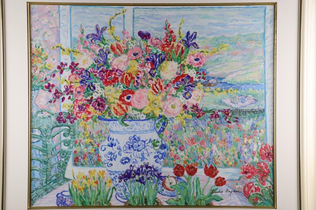 真作保証 レスリー・セイヤー「ガーデン」キャンバス油彩 20号 ジクレー 手彩色