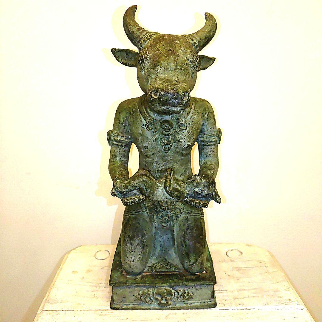 青銅 牛頭人型 彫刻 約28cm　チベット仏教の牛頭法王