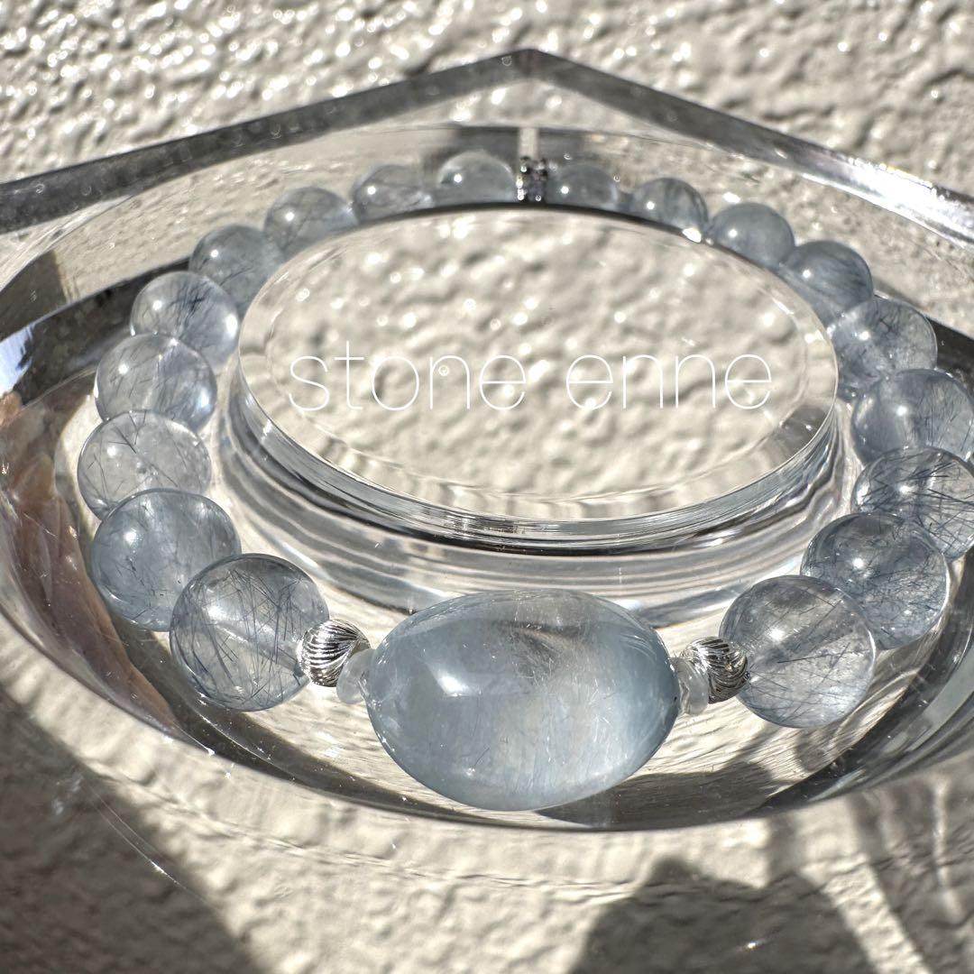 一点物　天然石　ハンドメイドブレス　ブルー　サゲニティッククォーツ　サゲ