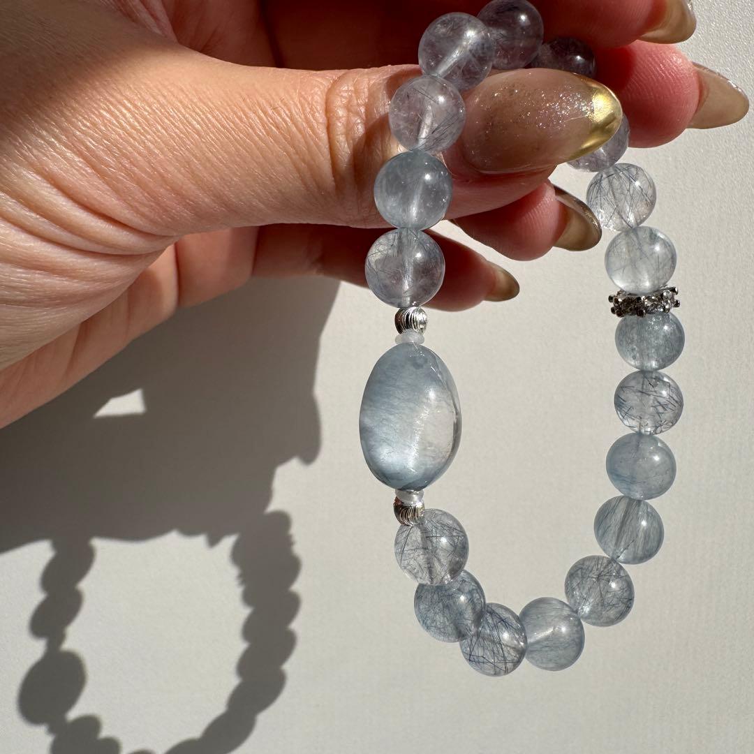 一点物　天然石　ハンドメイドブレス　ブルー　サゲニティッククォーツ　サゲ