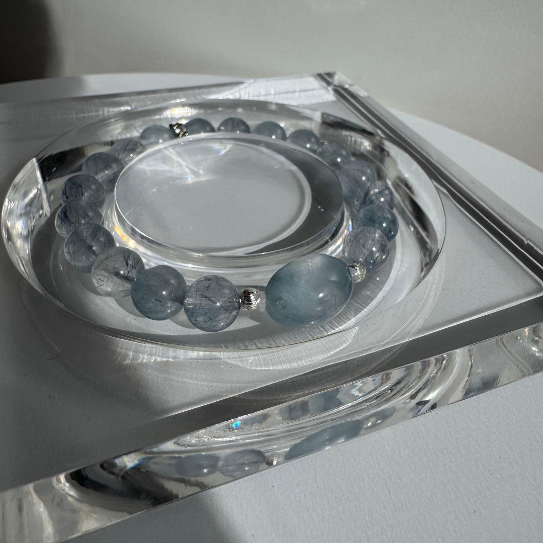 一点物　天然石　ハンドメイドブレス　ブルー　サゲニティッククォーツ　サゲ