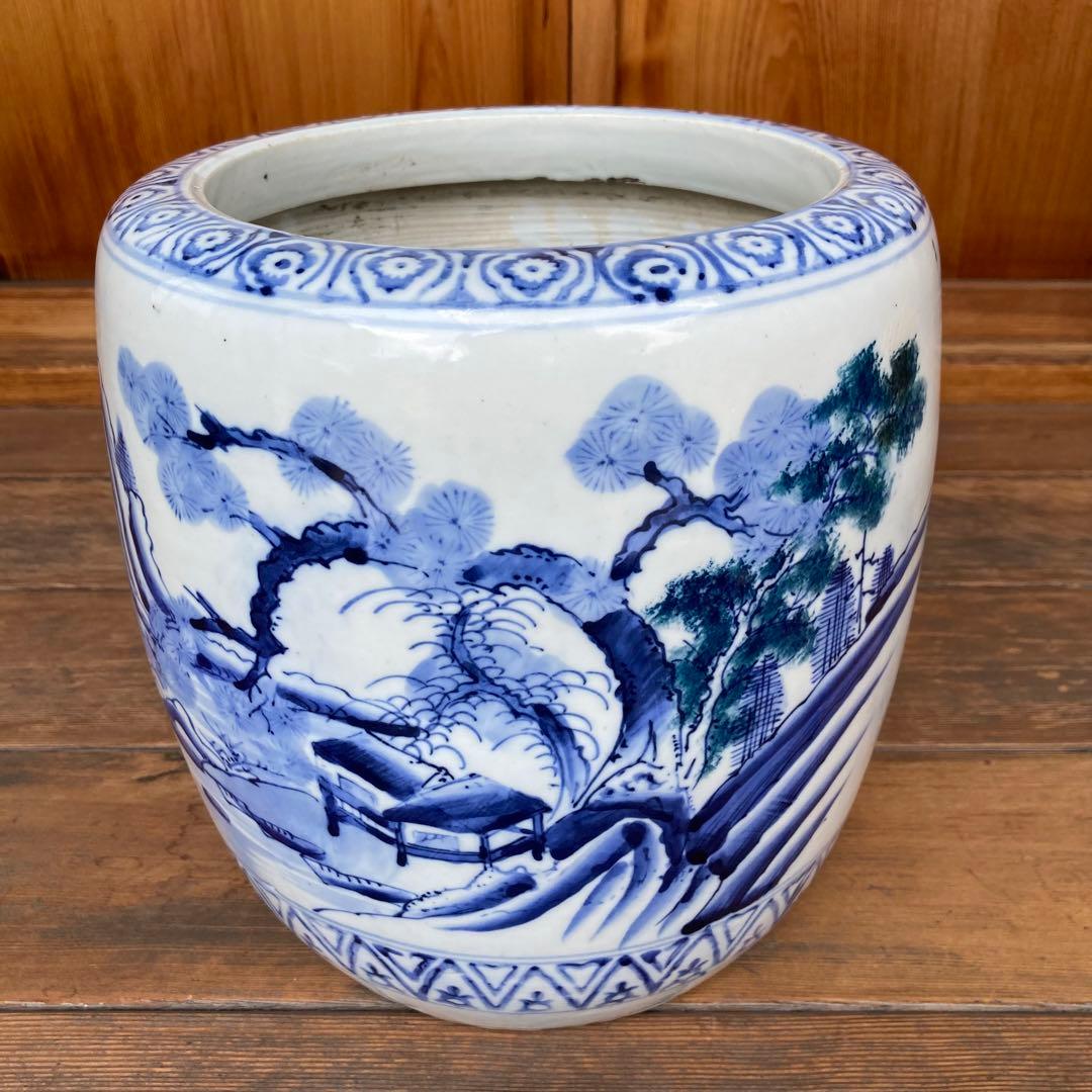 染付　レトロ　アンティーク　火鉢　陶磁器　古民具　希少　金魚鉢　手作り　昭和