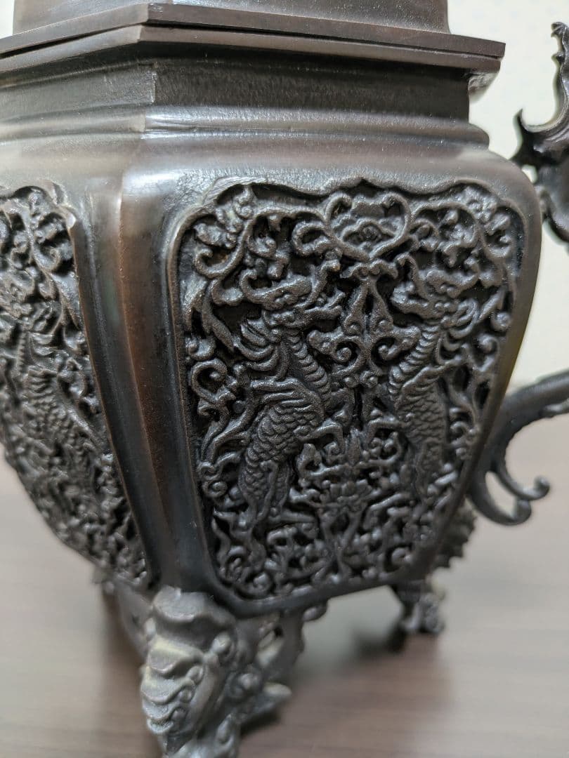 高岡製　 獅子摘蓋付昇竜双耳三足鳳凰双龍紋香炉　蝋型香炉　金工　米田秀保作