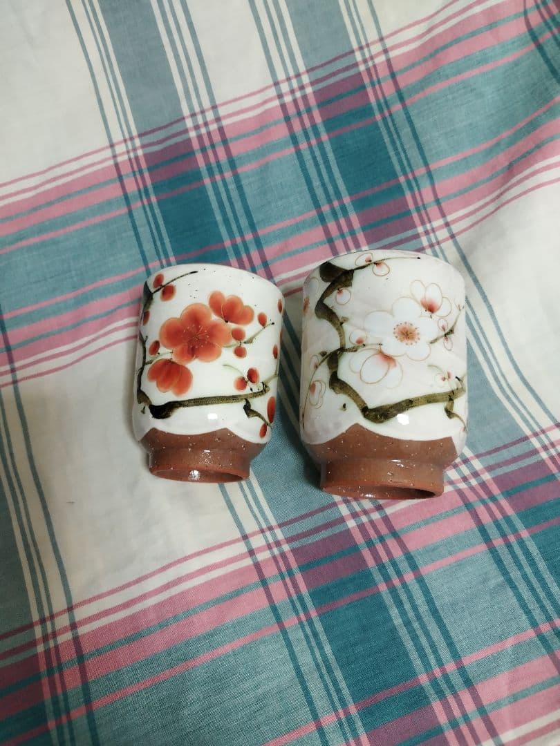 京焼/紅白梅/陶あん/湯呑/新品/2客/夫婦セット/木箱