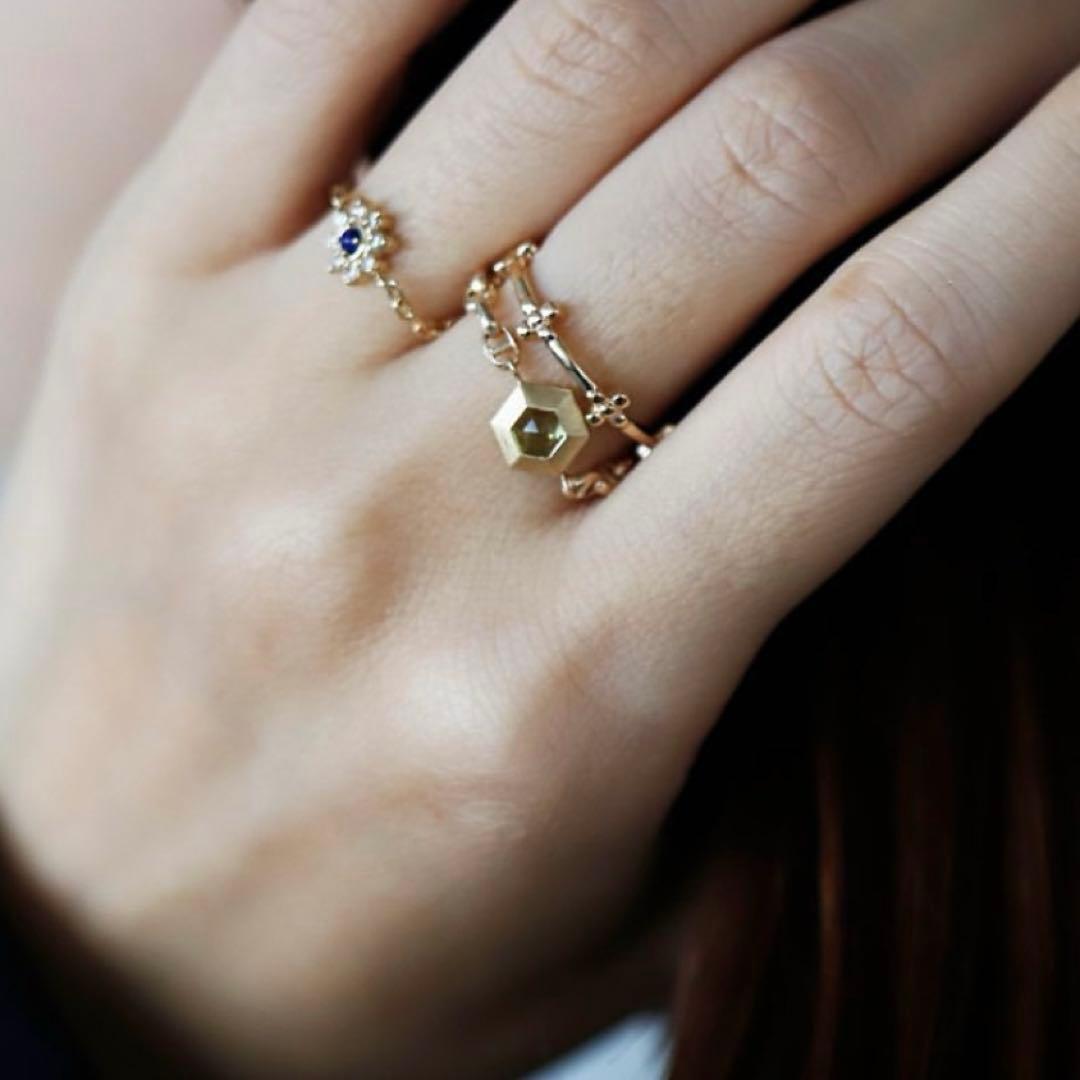 K10ゴールド ペリドット　六角形　リング　シエナロゼ　チェーンリング