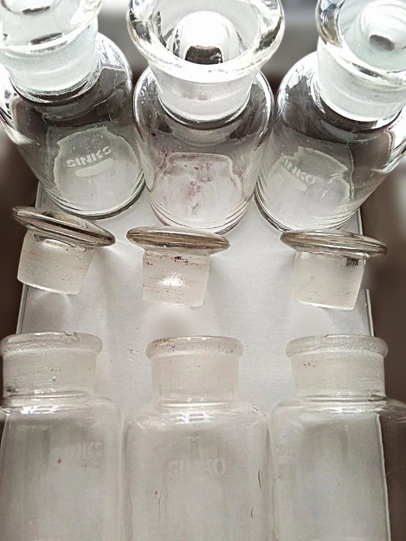 昭和レトロ 吹きガラス製 気泡有り 刻印入り 理化学硝子瓶 7本セット・美品