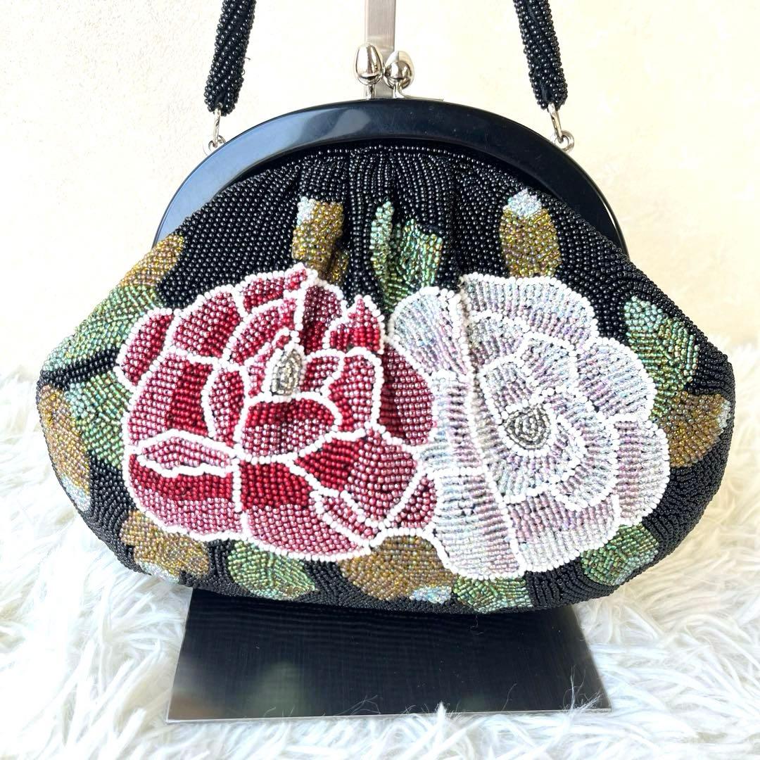 ビーズバッグ　和装バッグ　和装小物　花柄　美品　がま口