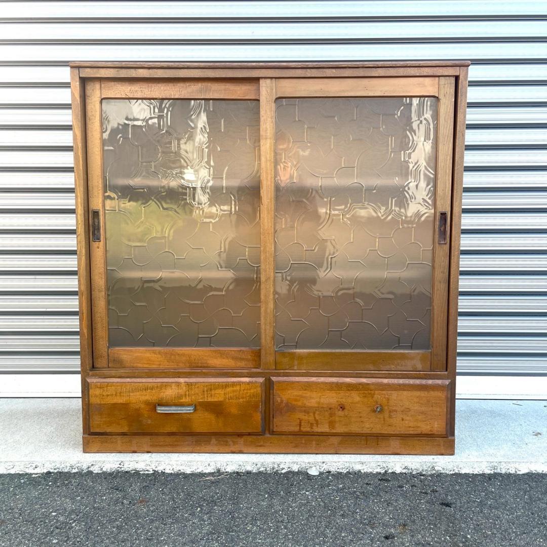 アンティーク ガラス すりガラス 食器棚 飾り棚 昭和レトロ 本棚 キャビネット