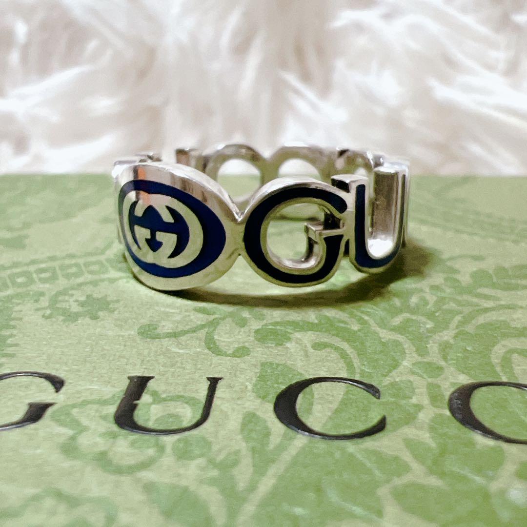 《極美品》グッチ インターロッキングG エナメルリング 青 シルバー ロゴ