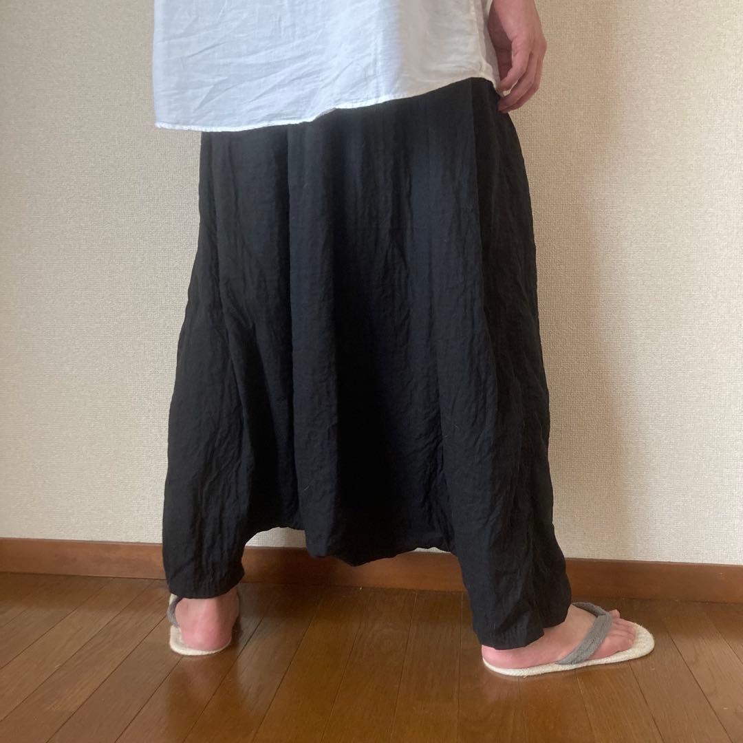 ゆったりシルエット ダブルガーゼ スカ—ト風 サルエルパンツ ブラック