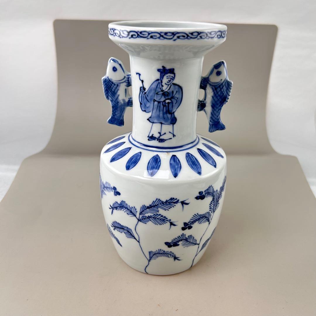 花入　染付　高砂　平安高野昭阿弥作 青白磁の花瓶 魚の持ち手付き