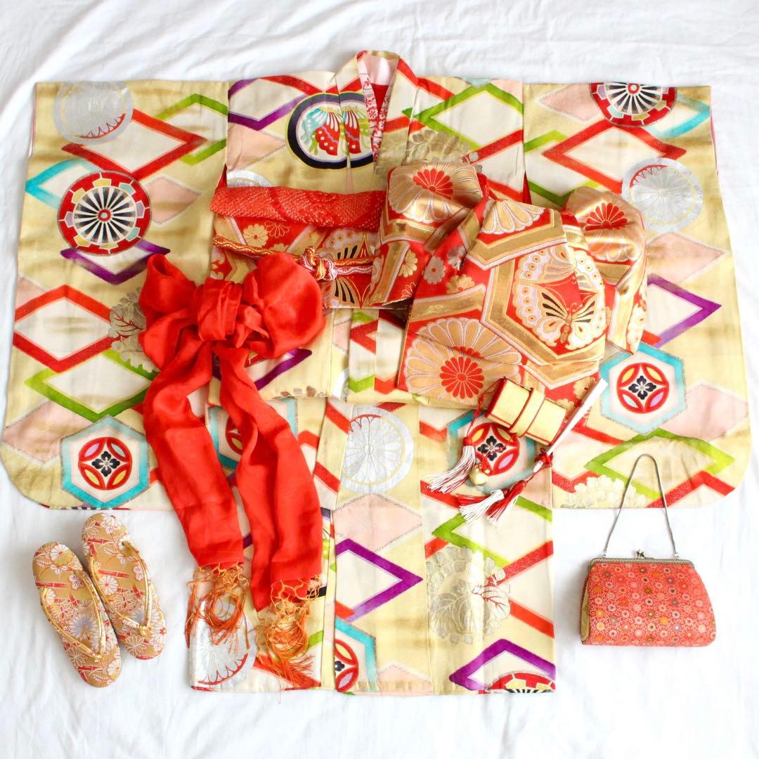 七五三 7歳 女の子 子供 アンティーク 着物 つくり帯 セット