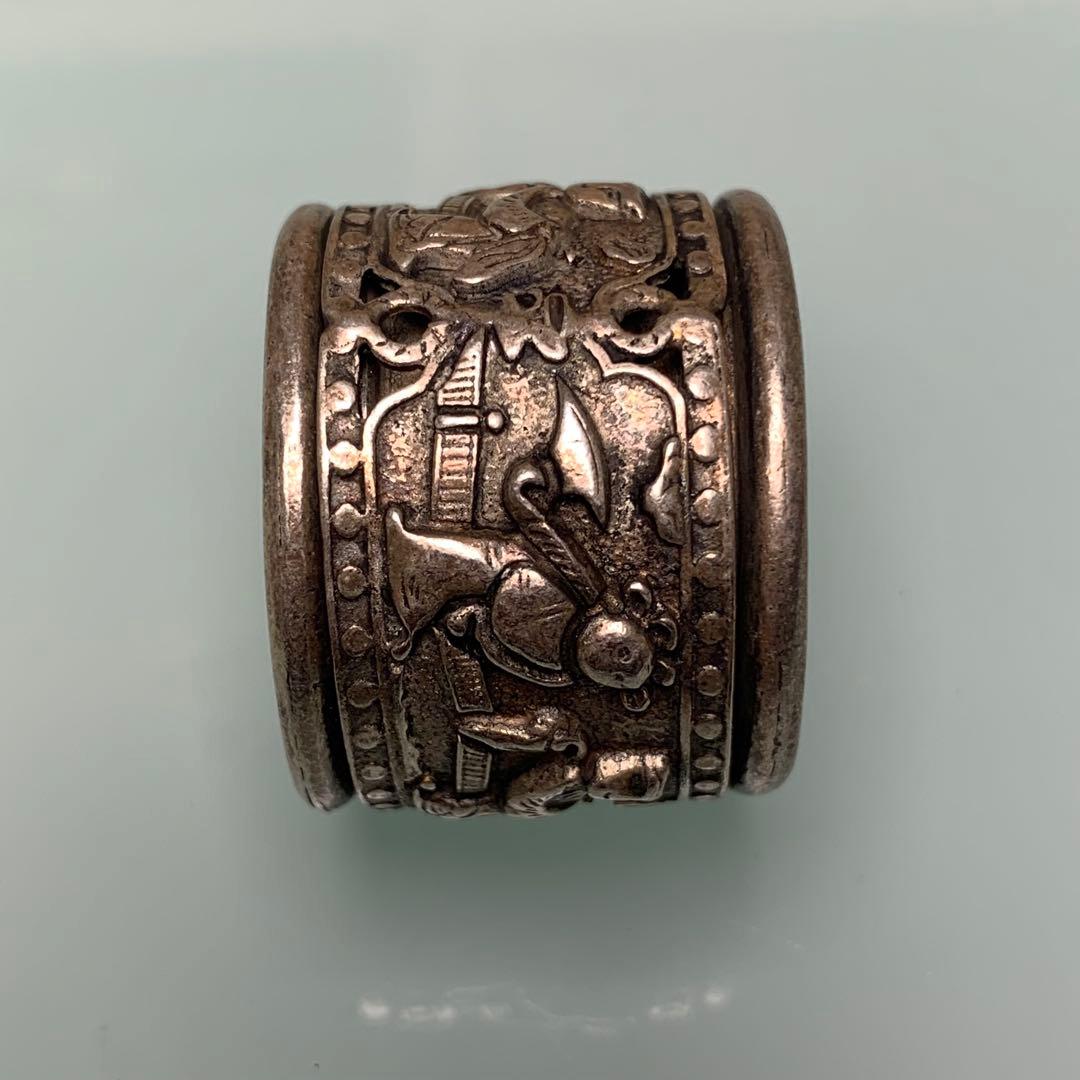 旧蔵　模様 扳指&指輪　清国　「光緒·元寶·足銀」銘　吉祥紋人物細工彫刻　時代物