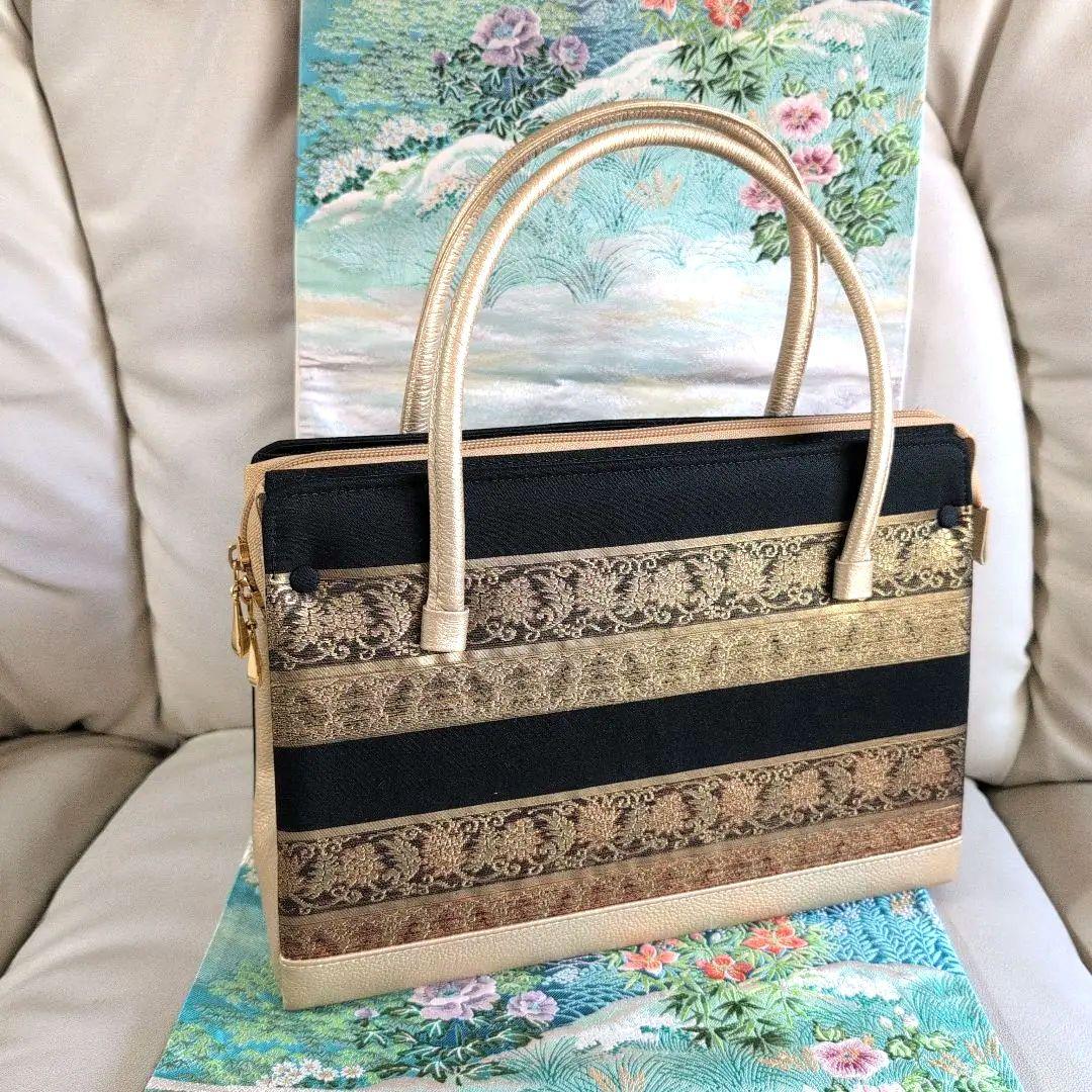 利休バック　和装用バッグ 上品　結婚式　黒　大きめ　正絹　美品