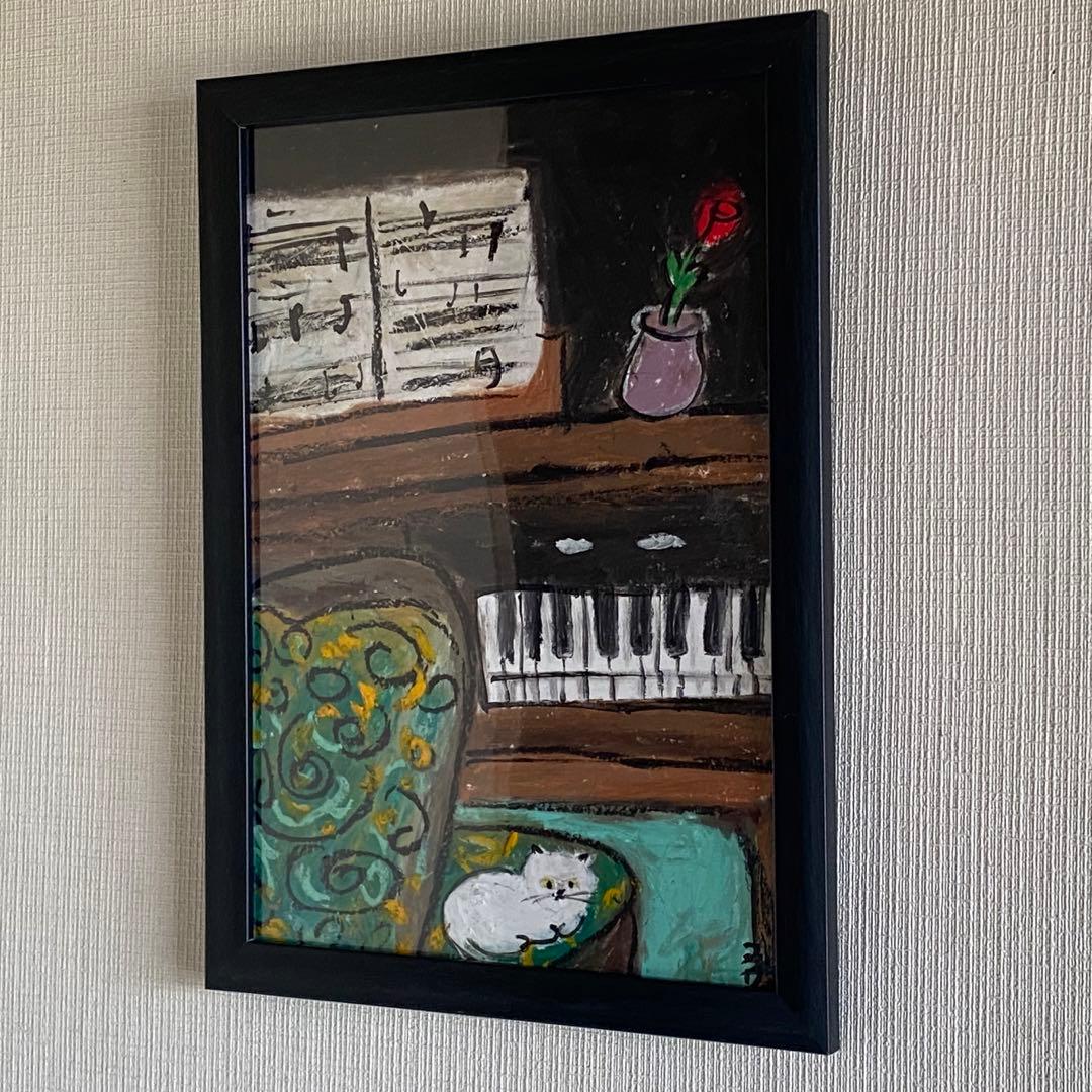絵画。壁掛け原画【素敵なピアノ曲と椅子の上で寝たい猫】