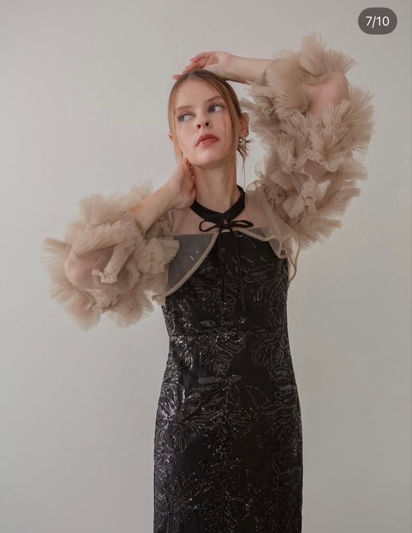 LejaフリルチュールスリーブリボンIラインワンピースドレスS