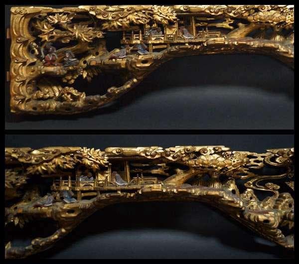 江戸末期一刀彫り高浮彫『人物風景図』 木造彩漆金箔張る 弓欄間 欄間飾り仏教美術