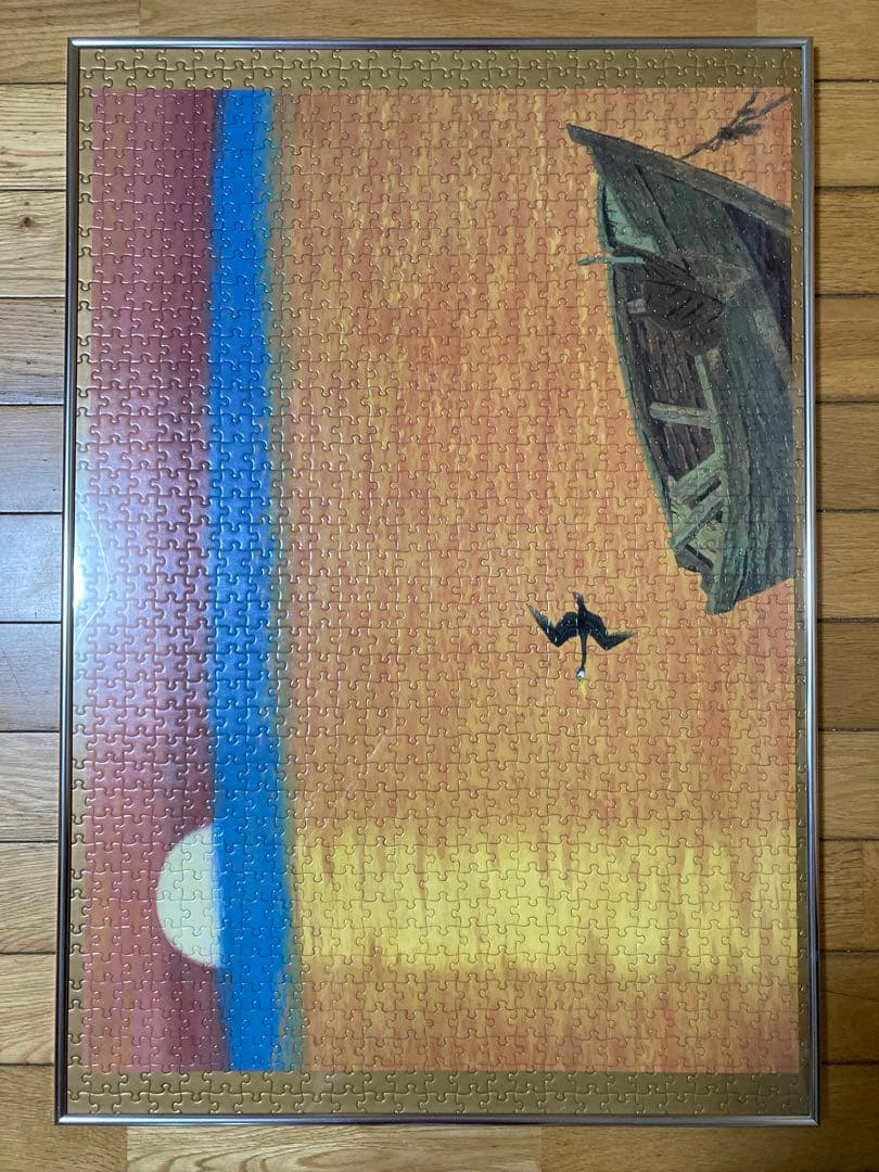 千P⑫夕日にボートと鳥　ジグソーパズル　金属額　長良川の鵜飼？夕暮れに飛ぶ鵜かね