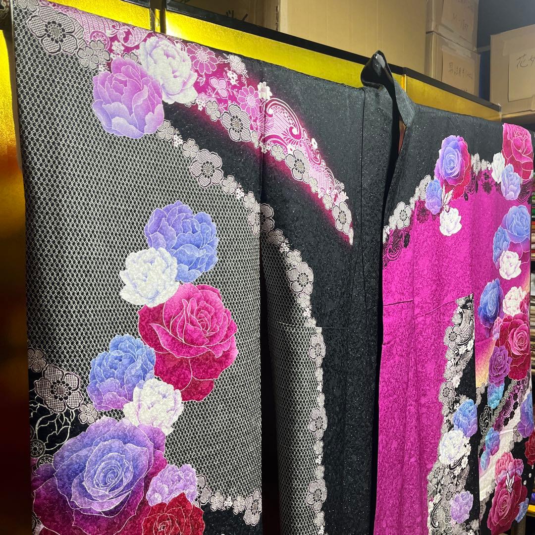 振袖　正絹　成人式　黒　ローズピンク
