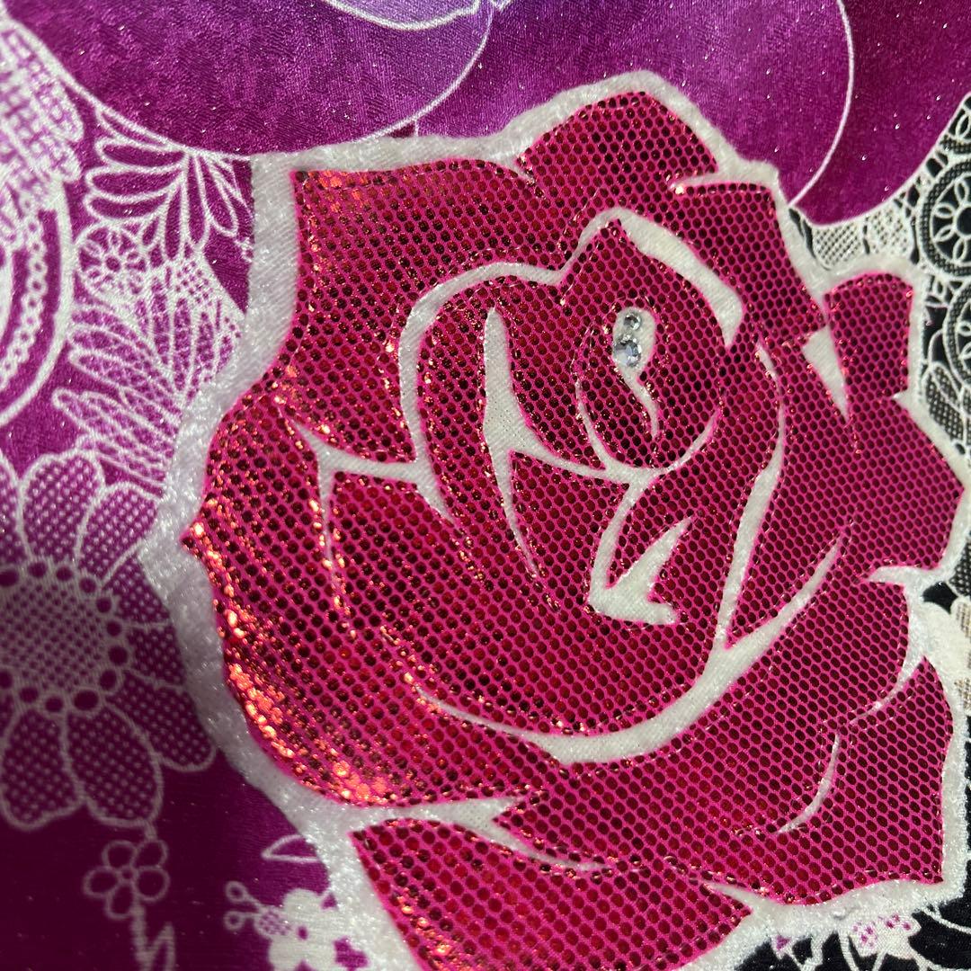 振袖　正絹　成人式　黒　ローズピンク