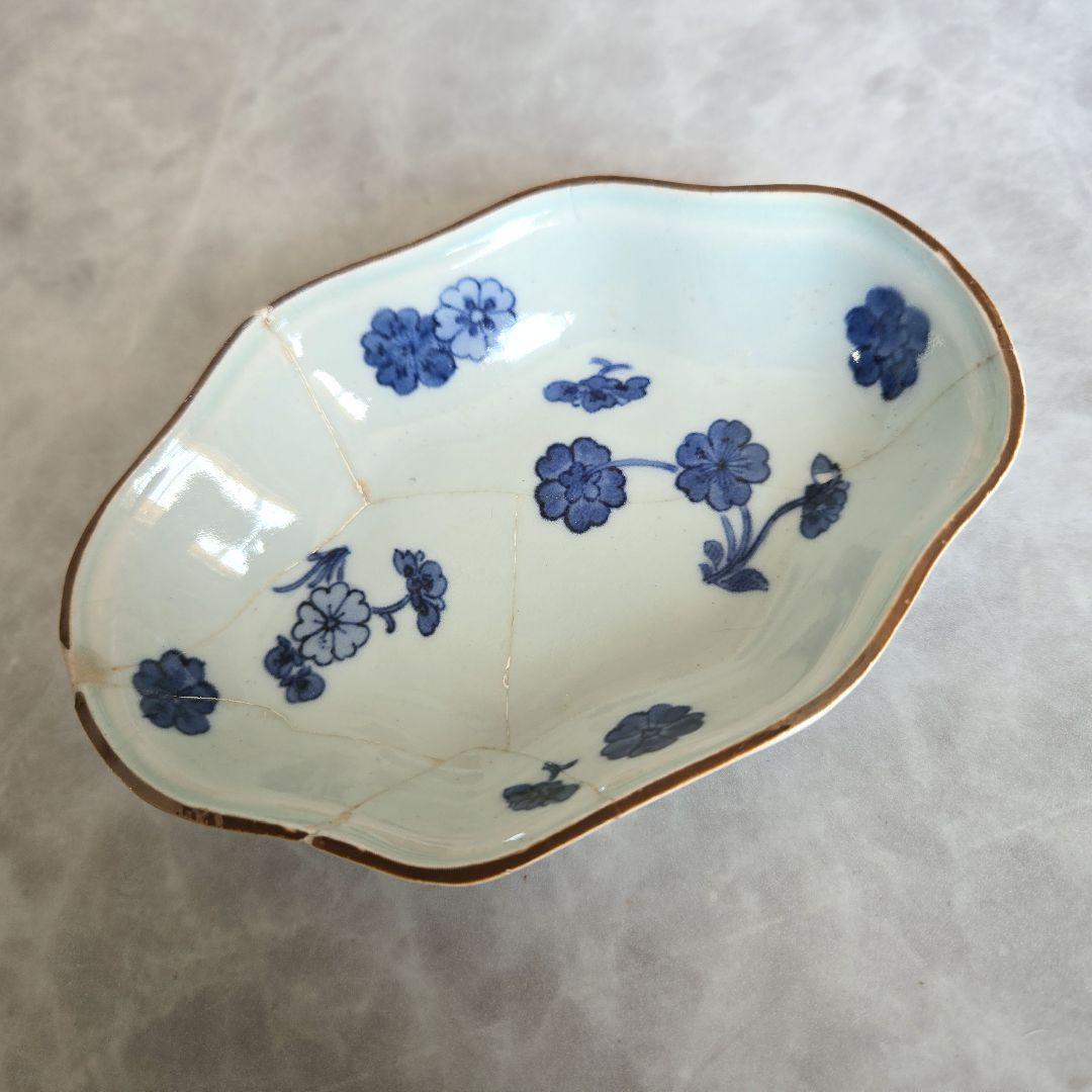 古伊万里　藍柿手　染付　向付　桜　江戸時代　骨董　金直し　金継ぎ　アンティーク