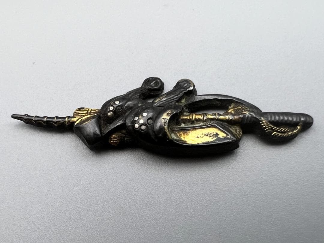 【海】江戸明治期　目貫　龍　天使　武士文など　銅鉄　金銀象嵌　5点　骨董品