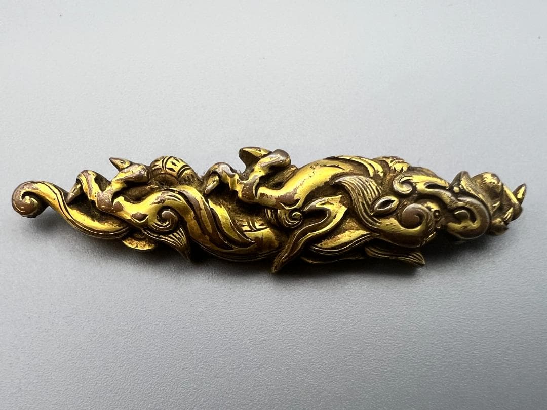 【海】江戸明治期　目貫　龍　天使　武士文など　銅鉄　金銀象嵌　5点　骨董品